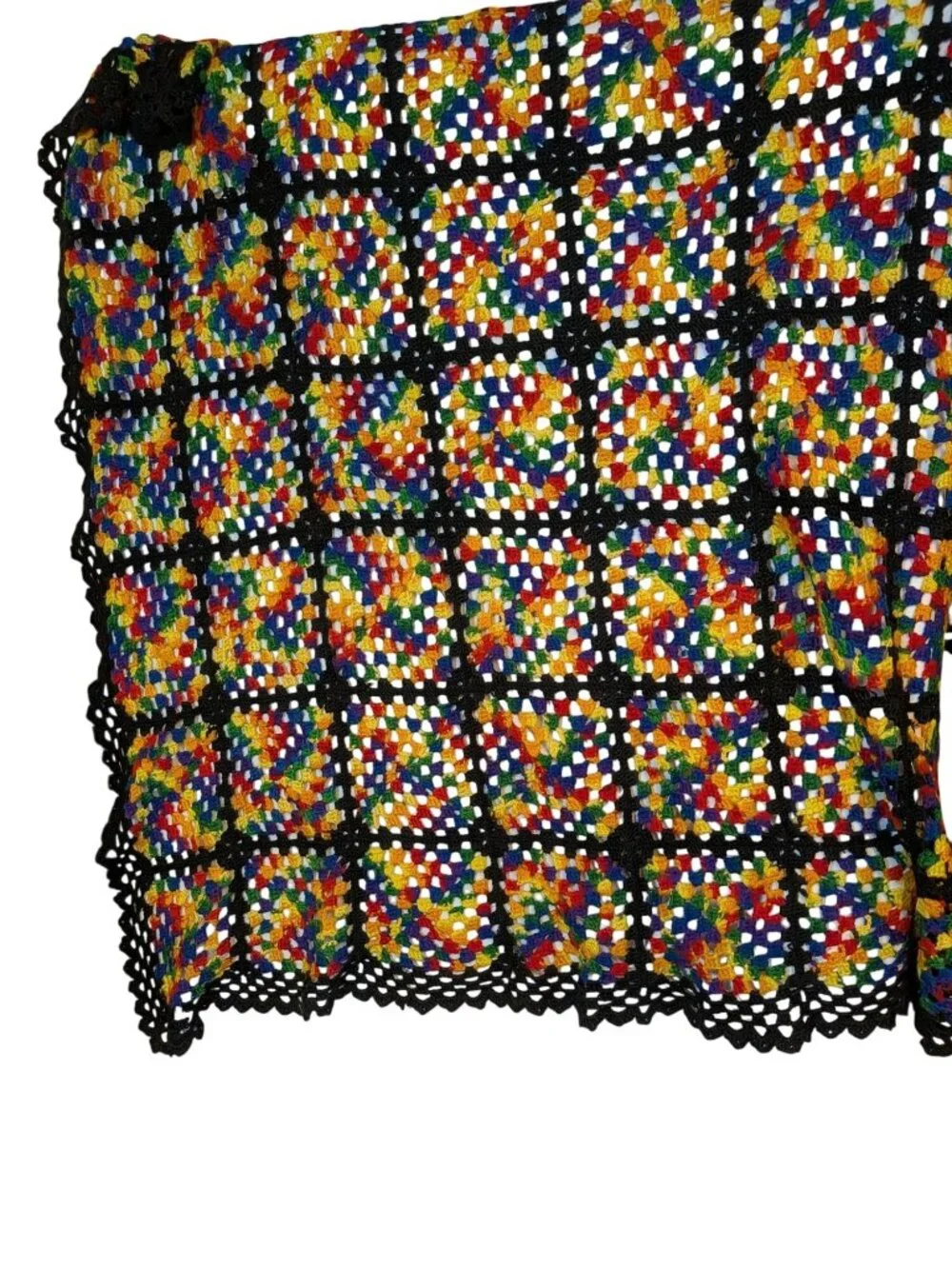 Handmade Crochet Afghan Throw Blanket Multicolor Squares & Black Border Approx.